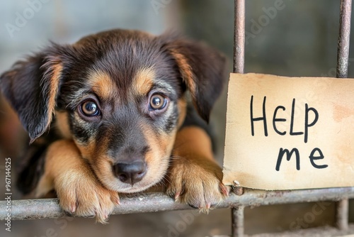 An adorable puppy with brown fur stands behind the metal bars of a cage, holding a sign that reads 'HELP me.' The image highlights themes of vulnerability and animal rescue. photo