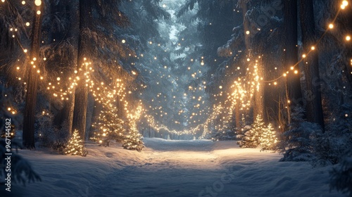 A snowy forest path illuminated by twinkling fairy lights.