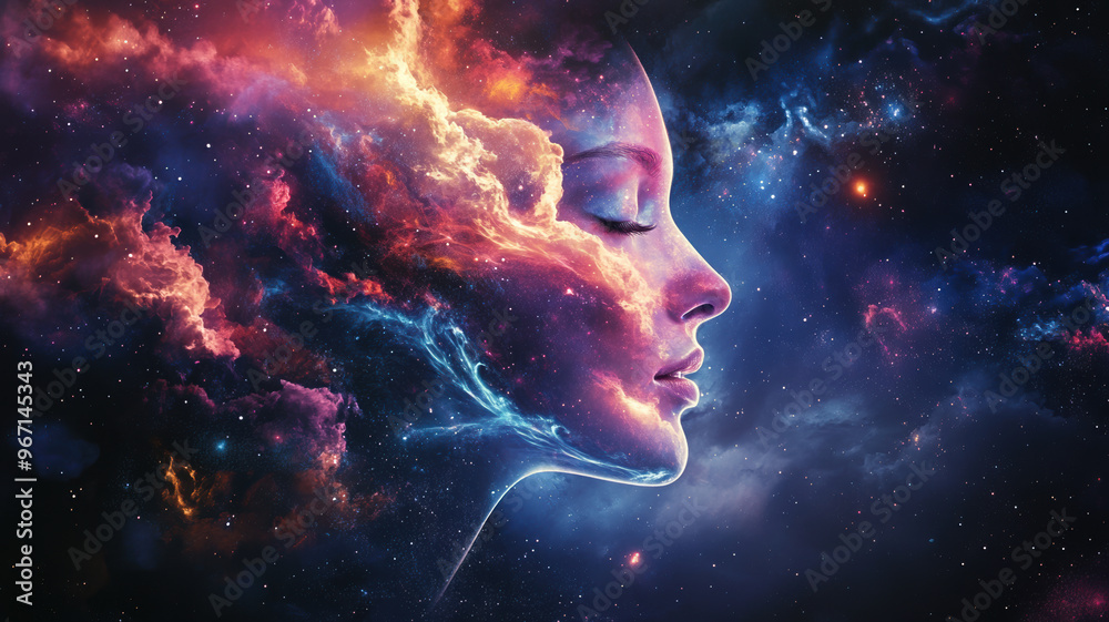 A delicate, translucent female face is set against a starry sky, surrounded by a soft lilac-pink haze, representing profound contemplation, freedom from burdens, and a sense of lightness and airiness. A delicate, translucent female face is set against a starry sky, surrounded by a soft lilac-pink haze, representing profound contemplation, freedom from burdens, and a sense of lightness and airiness.