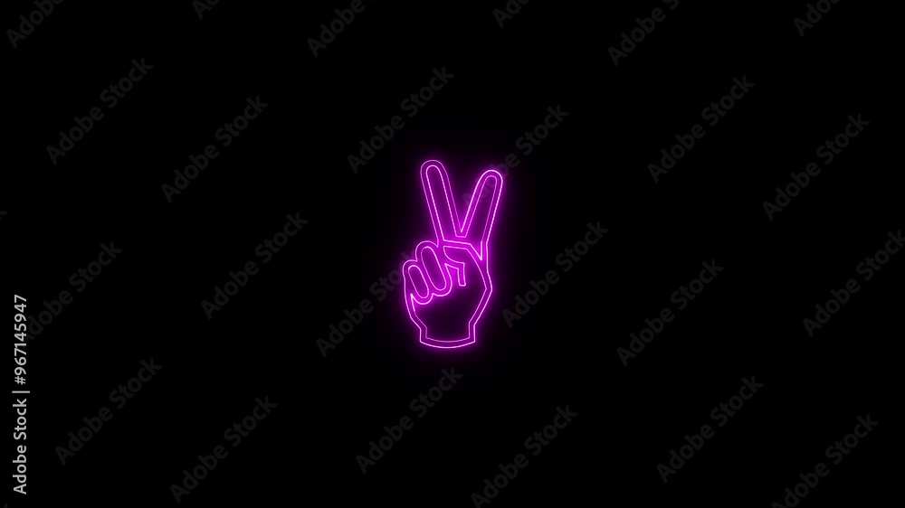 Neon light hand showing two finger icon. neon peace sign. victory sign.
