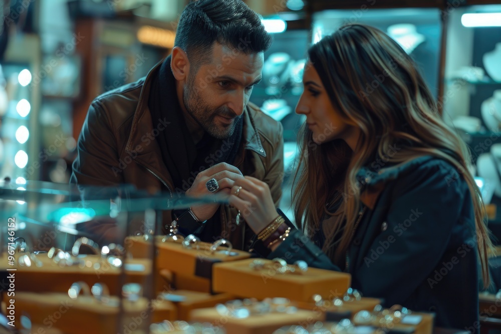 Fototapeta premium A couple examining jewelry in a retail setting, possible for use as a representation of togetherness or romance