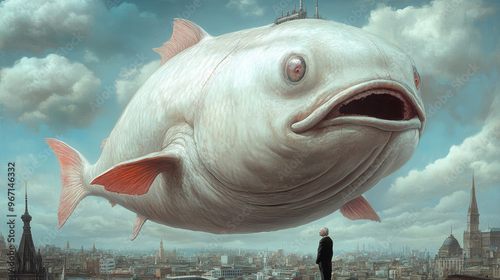 Fototapeta premium A man standing in front of a large fish with an island behind it, AI