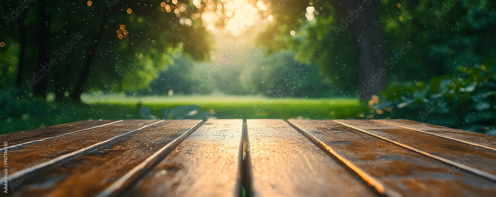 Empty Wooden Table in Rainy Park with Golden Hour Sunset Empty Wooden Table in Rainy Park with Golden Hour Sunset