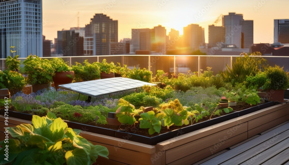 Fototapeta premium Solar Panels on a Rooftop Garden at Sunset