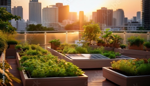 Solar Panels on a Rooftop Garden at Sunset photo