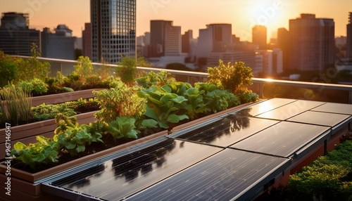 Solar Panels on a Rooftop Garden at Sunset photo