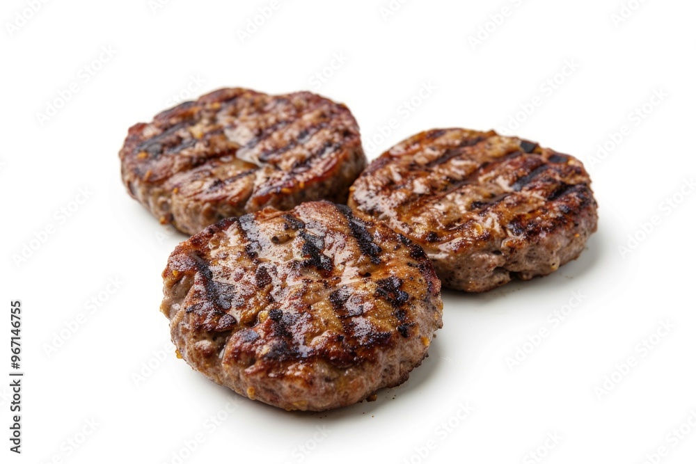 Three hamburger patties on a white surface Three hamburger patties on a white surface