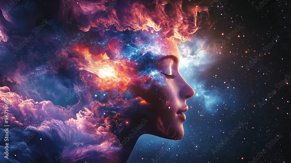 A delicate, translucent female face is set against a starry sky, surrounded by a soft lilac-pink haze, representing profound contemplation, freedom from burdens, and a sense of lightness and airiness. A delicate, translucent female face is set against a starry sky, surrounded by a soft lilac-pink haze, representing profound contemplation, freedom from burdens, and a sense of lightness and airiness.