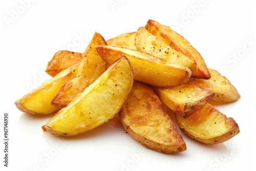 A pile of crispy fried potatoes served on a clean white surface, perfect for food photography or recipes