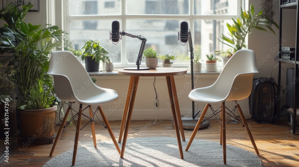 Fototapeta premium Bright Scandinavian podcast studio featuring minimalist wooden microphone stands, contemporary chairs, and a muted palette of whites and grays. Designed for clarity and comfort in podcast production