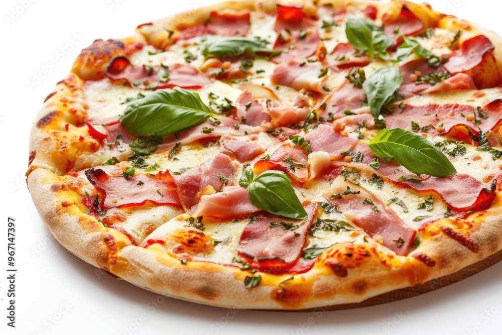 A classic combination of ham, cheese, and fresh basil on top of a crusty pizza