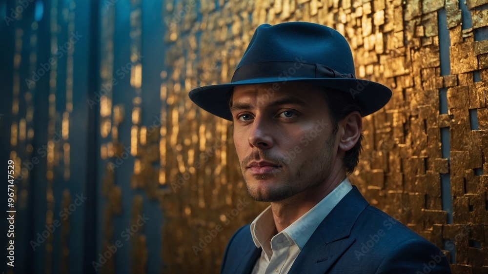 Middle-aged Caucasian man with short dark hair wearing black fedora hat and blue suit jacket standing in front of golden background Middle-aged Caucasian man with short dark hair wearing black fedora hat and blue suit jacket standing in front of golden background