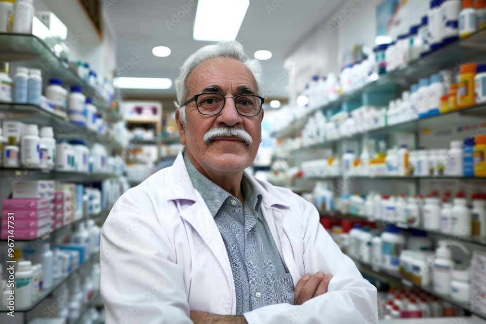 A pharmacist standing in a pharmacy store, wearing a white lab coat A pharmacist standing in a pharmacy store, wearing a white lab coat