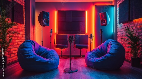 Chic podcast studio featuring beanbag chairs, neon wall decor, and handheld microphones, creating a vibrant and relaxed recording environment. Contemporary vibe with tech setup for an easy-going podca photo