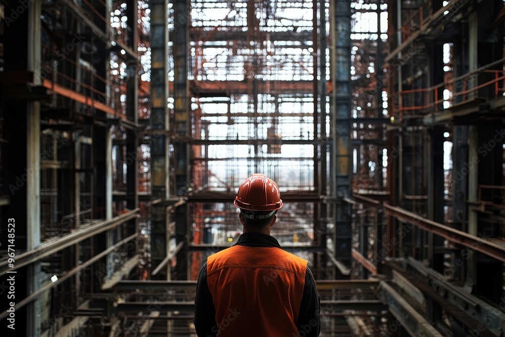 Fototapeta premium Construction Worker Standing in an Industrial Building
