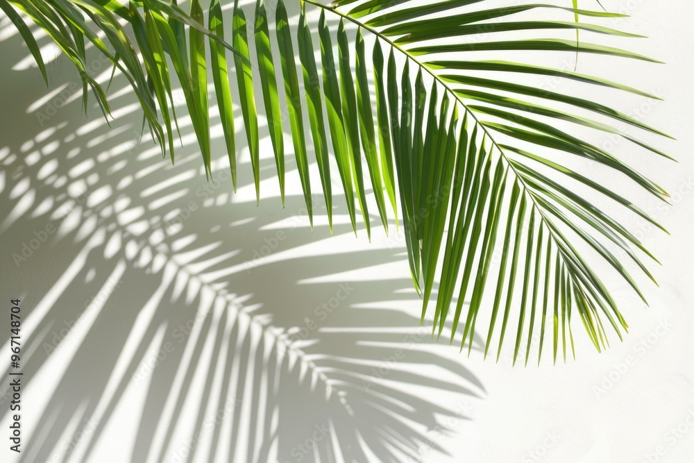 Fototapeta premium A single palm leaf casts a shadow on a white wall, perfect for adding texture and natural elements to your design