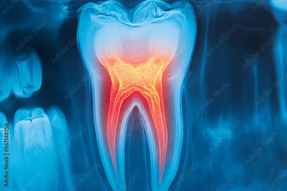 Teeth Roots X Ray An X-ray image depicting a single tooth with a glowing red-orange ...