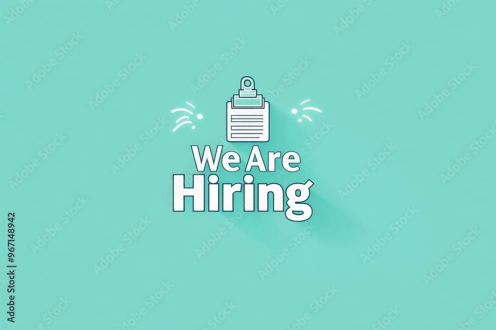 Obraz premium A clean and modern design showing the text 'We Are Hiring' paired with a clipboard icon on a pastel turquoise background, denoting job availability and professional environment.