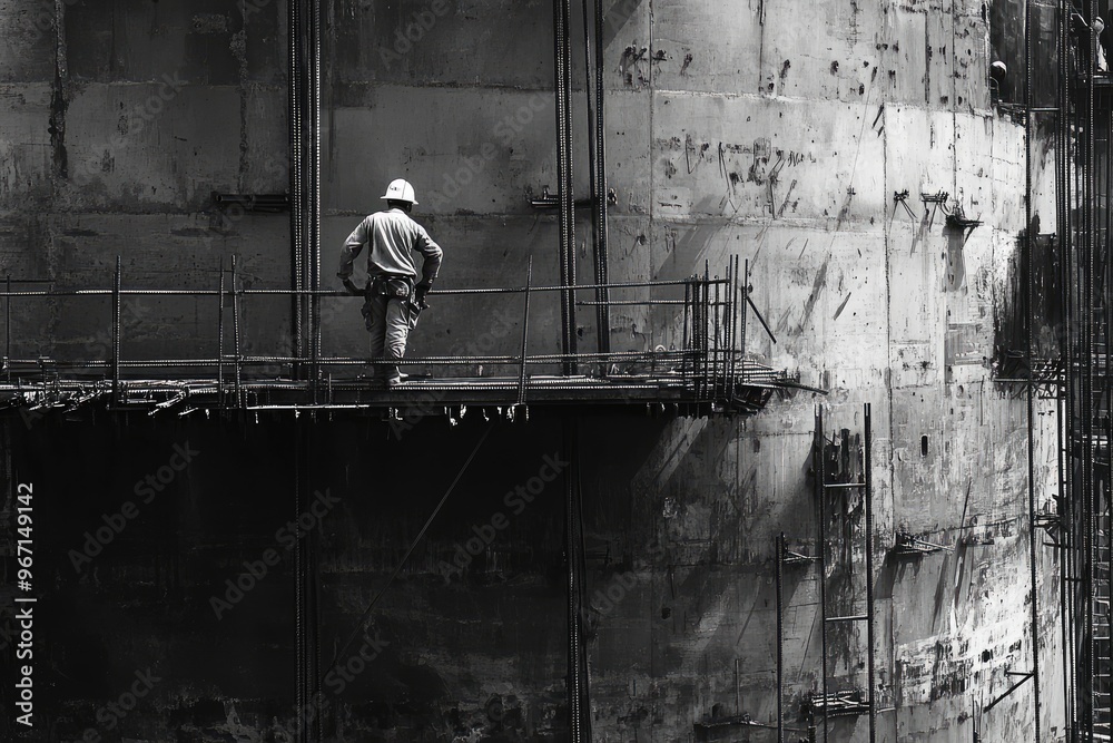 Construction Worker Standing on Scaffolding Against a Concrete Wall Construction Worker Standing on Scaffolding Against a Concrete Wall
