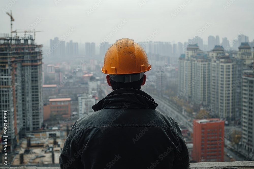 Construction Worker Looking Out at Cityscape Construction Worker Looking Out at Cityscape