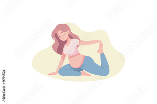 Pregnant women practice yoga. Women doing exercises, meditation, pilates, breathing practice in yoga class. Vector illustration.