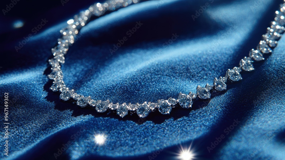 Obraz premium A delicate diamond necklace lying on a velvet blue surface, captured from above, each gemstone sparkling brilliantly in the soft lighting