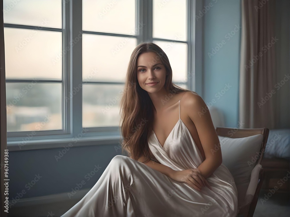 Sensual Portrait of Beautiful Woman in Long Satin Dress and Bronze Hair Sitting on The Chair Smiling and Looking at Camera in The Bedroom Sensual Portrait of Beautiful Woman in Long Satin Dress and Bronze Hair Sitting on The Chair Smiling and Looking at Camera in The Bedroom