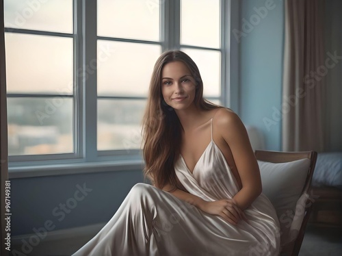 Sensual Portrait of Beautiful Woman in Long Satin Dress and Bronze Hair Sitting on The Chair Smiling and Looking at Camera in The Bedroom