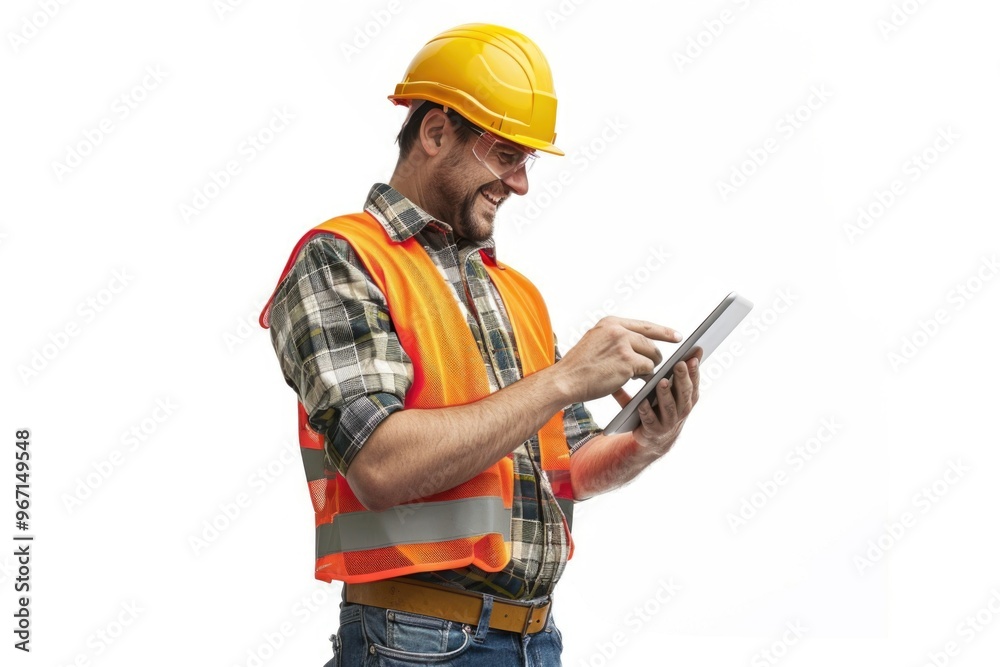 Man in orange vest uses tablet outdoors Man in orange vest uses tablet outdoors