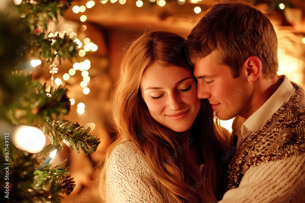 Young Couple Embracing by Christmas Tree - A Cozy Holiday Moment. A young Caucasian couple sharing a tender embrace by a decorated Christmas tree, exuding warmth and love.
Young Couple Embracing by Christmas Tree - A Cozy Holiday Moment. A young Caucasian couple sharing a tender embrace by a decorated Christmas tree, exuding warmth and love.