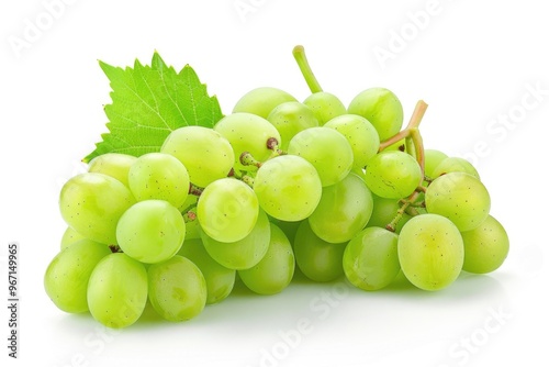 A cluster of fresh green grapes on a clean white surface