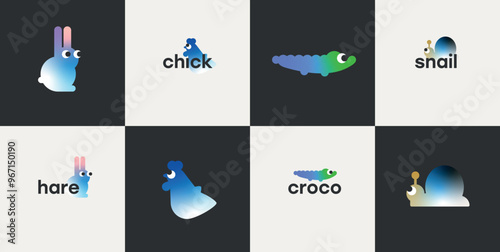 Aesthetic cute emotions shapes animal colorful minimalist geometric forms elements set for logo identification identity brand poster cards stickers designs 