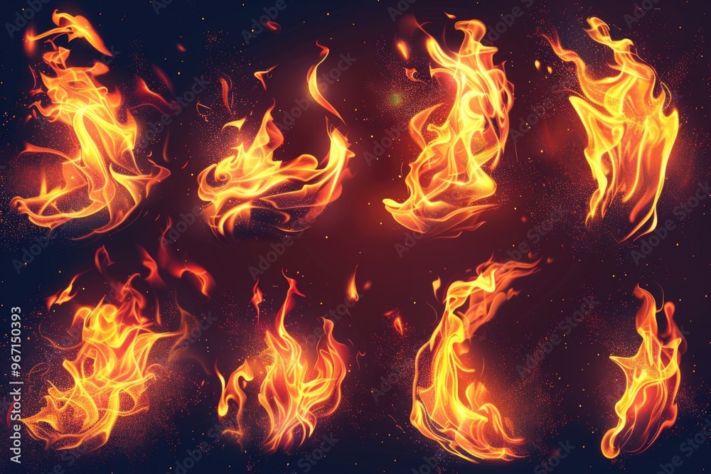 Fiery flames on a dark background, perfect for adding warmth and light to your designs Fiery flames on a dark background, perfect for adding warmth and light to your designs