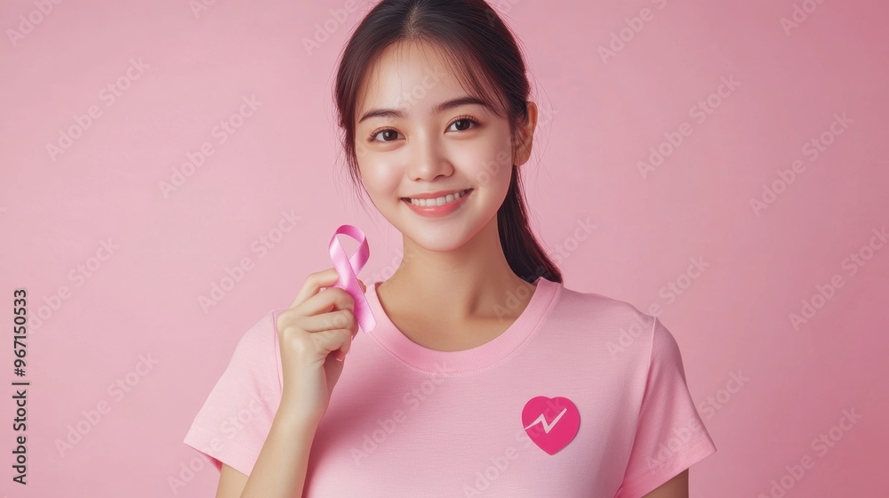 Young woman hand hold pink Ribbon and wear shirt for support people life and illness. National cancer survivors month, Mother and World cancer day concept,Pink October Breast Cancer Awareness month. Young woman hand hold pink Ribbon and wear shirt for support people life and illness. National cancer survivors month, Mother and World cancer day concept,Pink October Breast Cancer Awareness month.