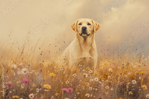 An oil painting depicting a yellow Labrador retriever in a flower-filled field, complemented by an abstract and colorful backdrop, offering a bright and energetic artistic portrayal.