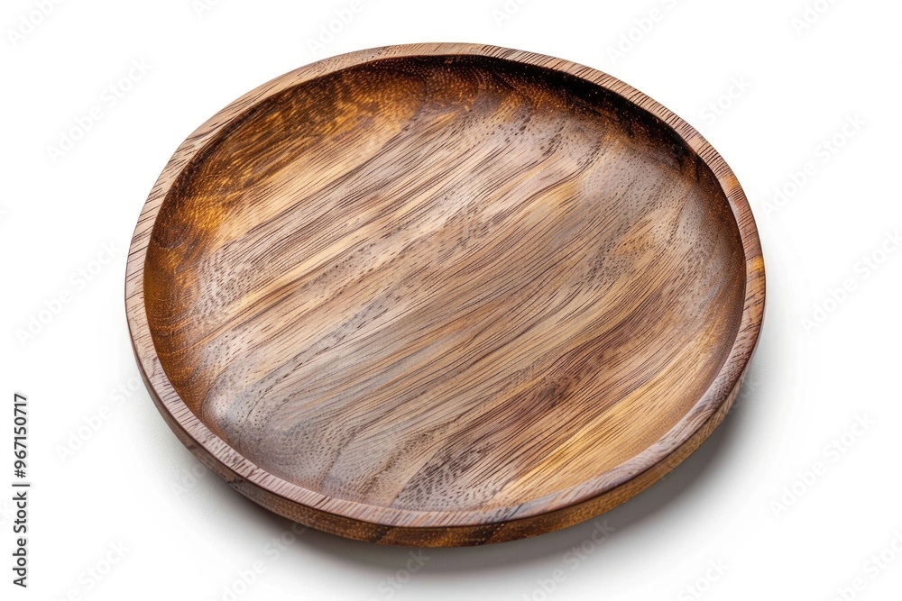Close-up shot of a wooden plate on a white background, ideal for use in food or product photography Close-up shot of a wooden plate on a white background, ideal for use in food or product photography