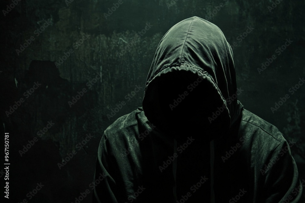 A figure shrouded in mystery stands against a dark, shadowy background, their identity hidden beneath a hooded sweatshirt, exuding an eerie, enigmatic presence. A figure shrouded in mystery stands against a dark, shadowy background, their identity hidden beneath a hooded sweatshirt, exuding an eerie, enigmatic presence.