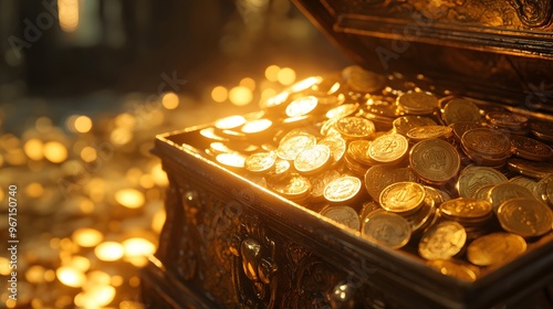 Front view of an intricately designed 3D treasure box overflowing with gold coins, soft ambient light highlighting the shiny surfaces, blurred background suggesting a treasure-filled vault, warm