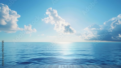 Serene Ocean View with Wooden Deck at Sunrise with Majestic Clouds in the Sky