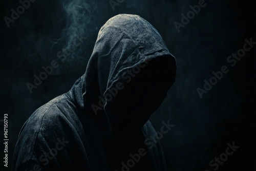 A hooded figure is set in a dark environment filled with smoke, evoking a sense of mystery and danger, highlighted by the play of light and shadow. photo