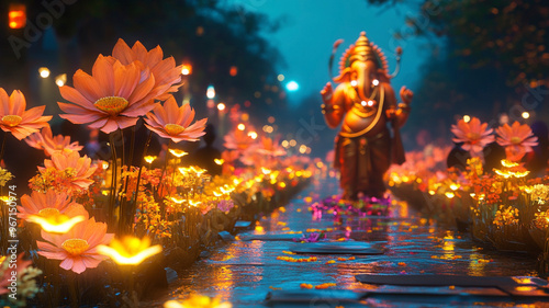 A vibrant pink Ganesha idol seated amidst colorful flowers, radiating peace and spirituality photo