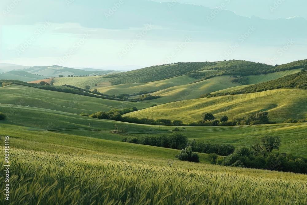 Lush green grass and rolling hills in the background Lush green grass and rolling hills in the background