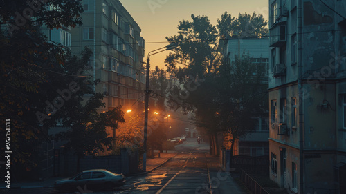 In the early morning gloom, a three-story school and surrounding Khrushchev-era buildings are lit by cold blue lights and eerie orange lampposts, creating an oppressive atmosphere. photo