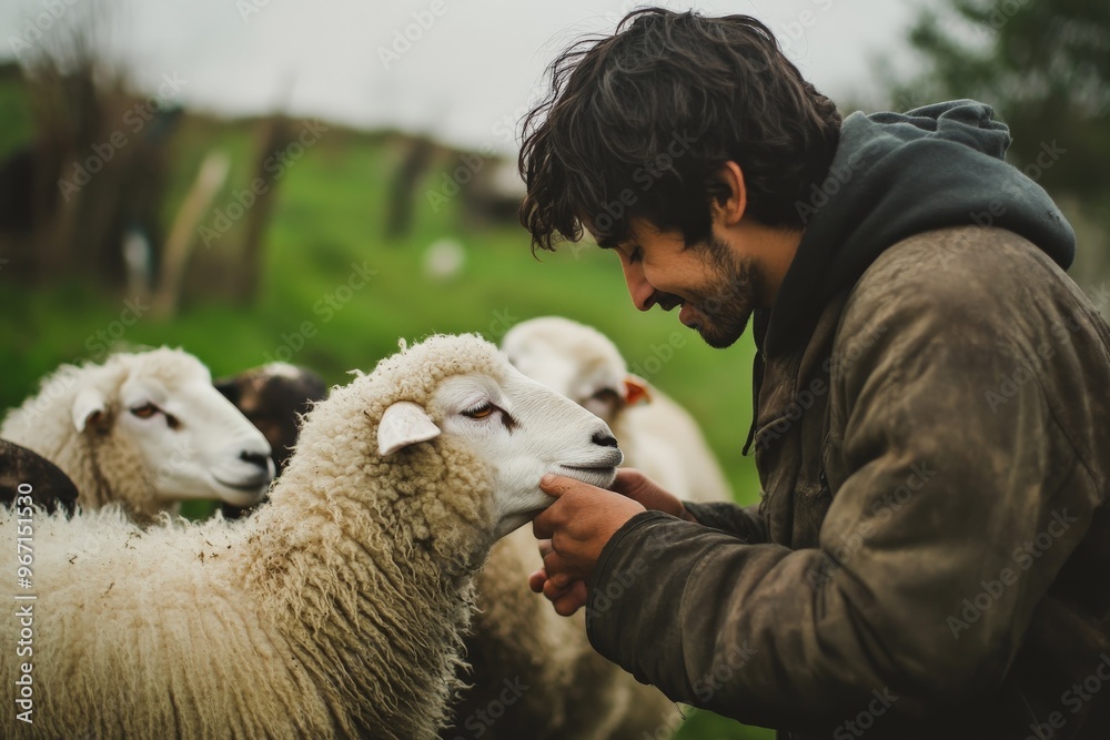 A farmer tenderly engages with a flock of white sheep on a farm, showcasing the harmonious bond and care between humans and animals in this picturesque pastoral scene. A farmer tenderly engages with a flock of white sheep on a farm, showcasing the harmonious bond and care between humans and animals in this picturesque pastoral scene.