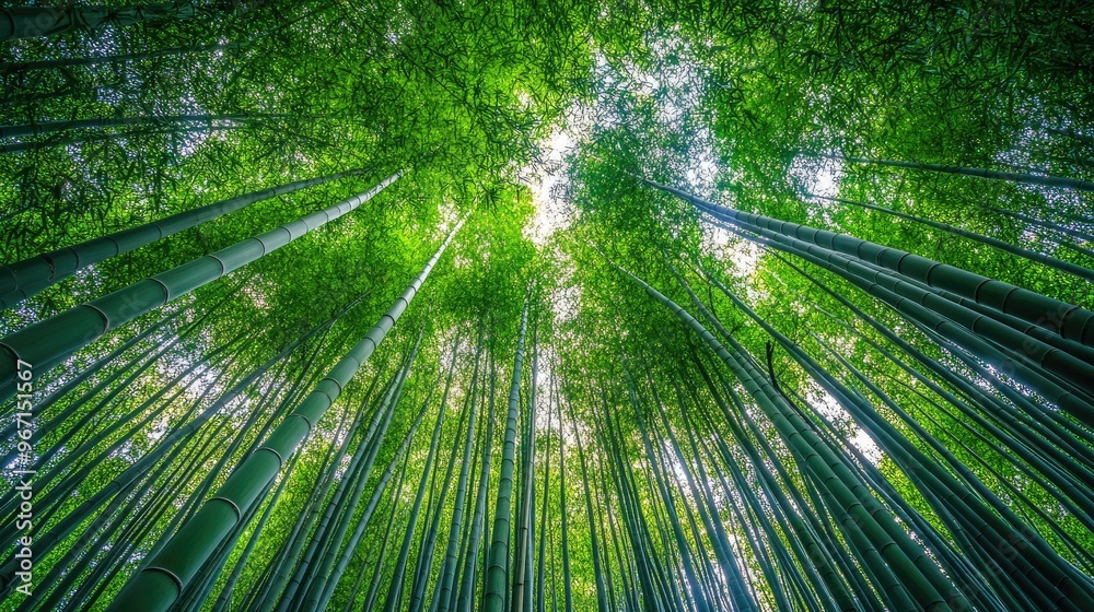 A forest of tall bamboo, captured from the ground, stretching up toward the bright sky, creating a natural tunnel of green and light A forest of tall bamboo, captured from the ground, stretching up toward the bright sky, creating a natural tunnel of green and light