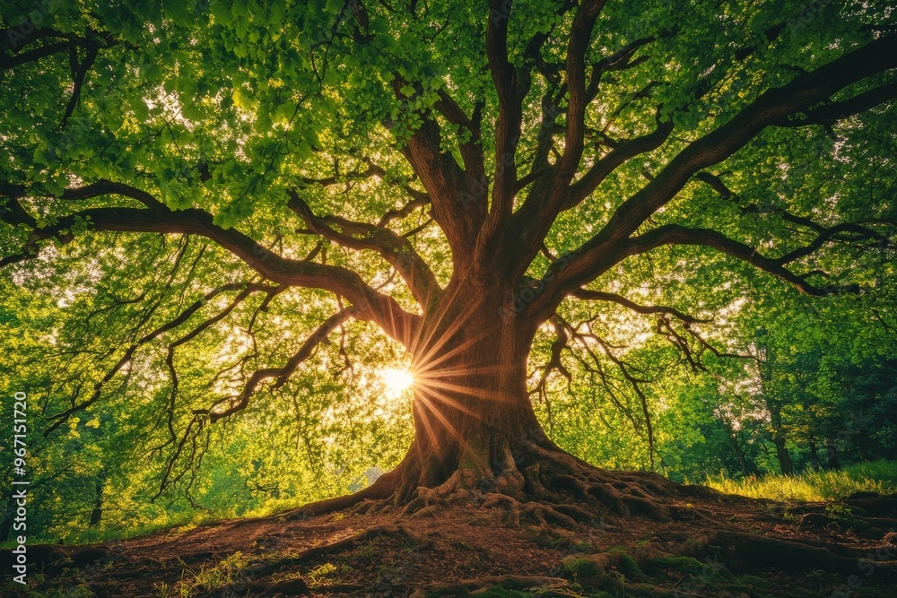 Fototapeta premium A magnificent tree with sprawling branches and lush green leaves, with the beautiful sunlight creating a stunning effect as it shines through, illuminating the forest.