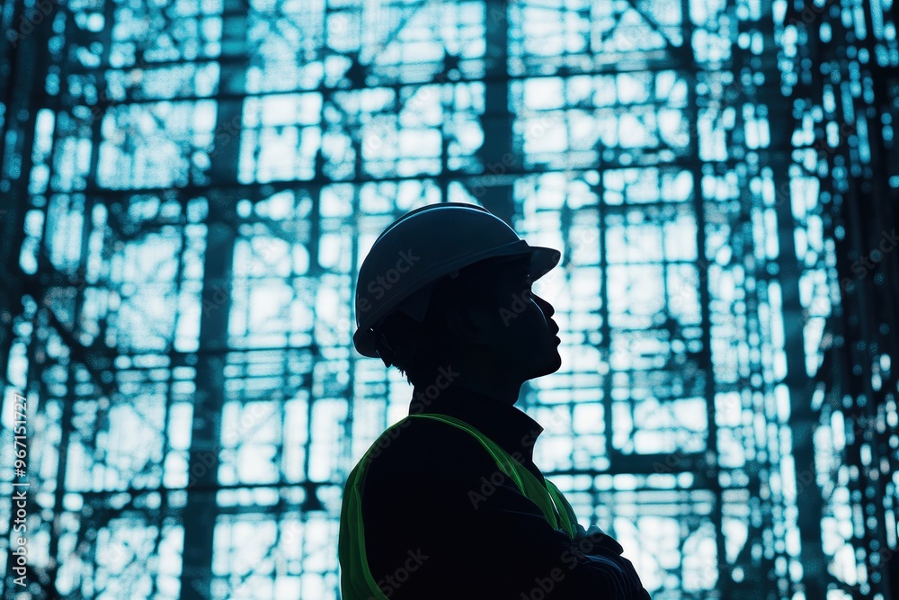 Silhouetted Construction Worker in Front of a Blue Grid Silhouetted Construction Worker in Front of a Blue Grid