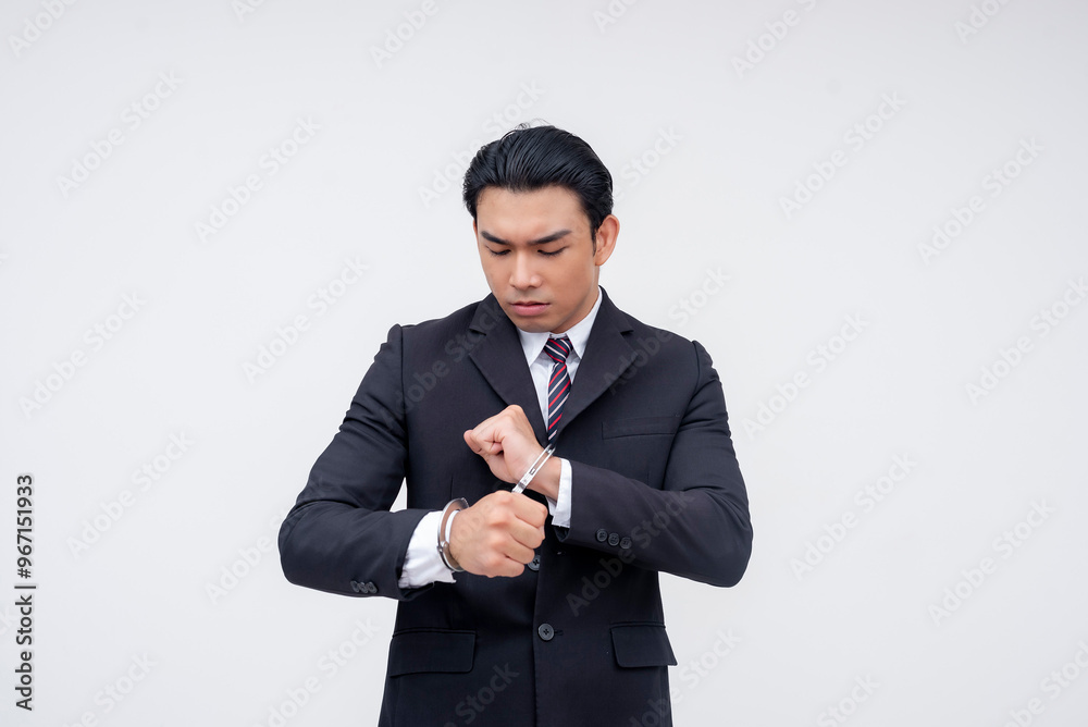 A young asian business executive trying to remove his handcuffs in vain. A man in a suit and tie arrested for financial crimes. Isolated on a white background. A young asian business executive trying to remove his handcuffs in vain. A man in a suit and tie arrested for financial crimes. Isolated on a white background.