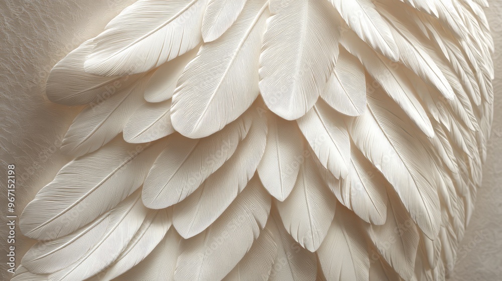 Obraz premium Close-up of white feathers arranged in a layered pattern, creating a soft and delicate texture perfect for nature or abstract themes.