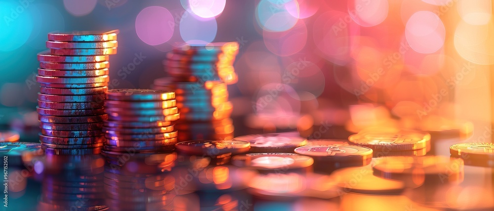 Double exposure of graph and rows of coins in soft color for finance and business concept Double exposure of graph and rows of coins in soft color for finance and business concept